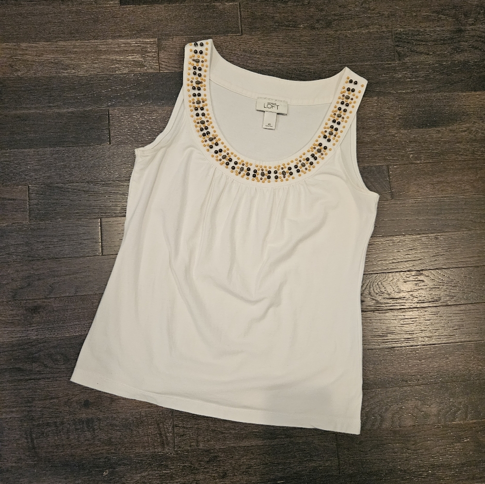 LOFT Beaded Tank Top - White, Brown, Tan - SZ X-Small